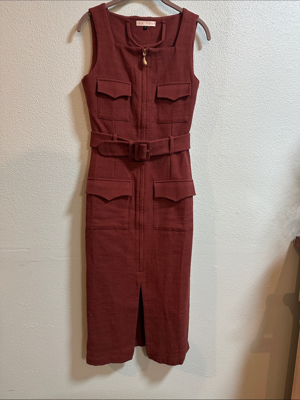 USISI SISTER Burgundy Utility Cargo Midi Dress Belted Size S